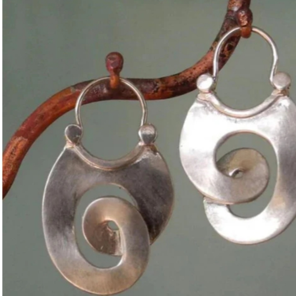 Handmade Artisan Modernist Spiral Drop Earrings Hammered Silver Boho Statement